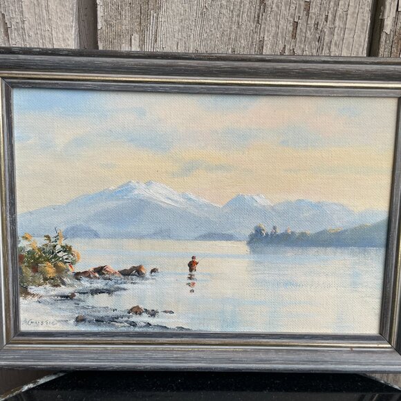 Lake Taupo New Zealand Fisherman Lake Mountains Original Oil Canvas A Christe - Picture 2 of 8